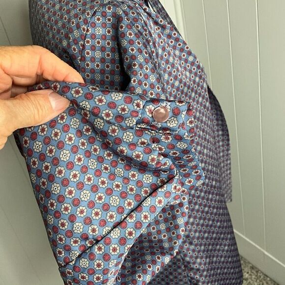 Vintage Lady Holiday Womens Medium Tie Neck Button Front Blouse Blue Floral - Picture 7 of 14